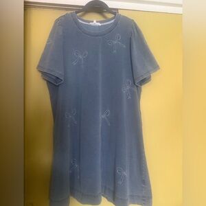 Casual Blue denim Dress with White Bow Embroidery. 35 1/2 L
